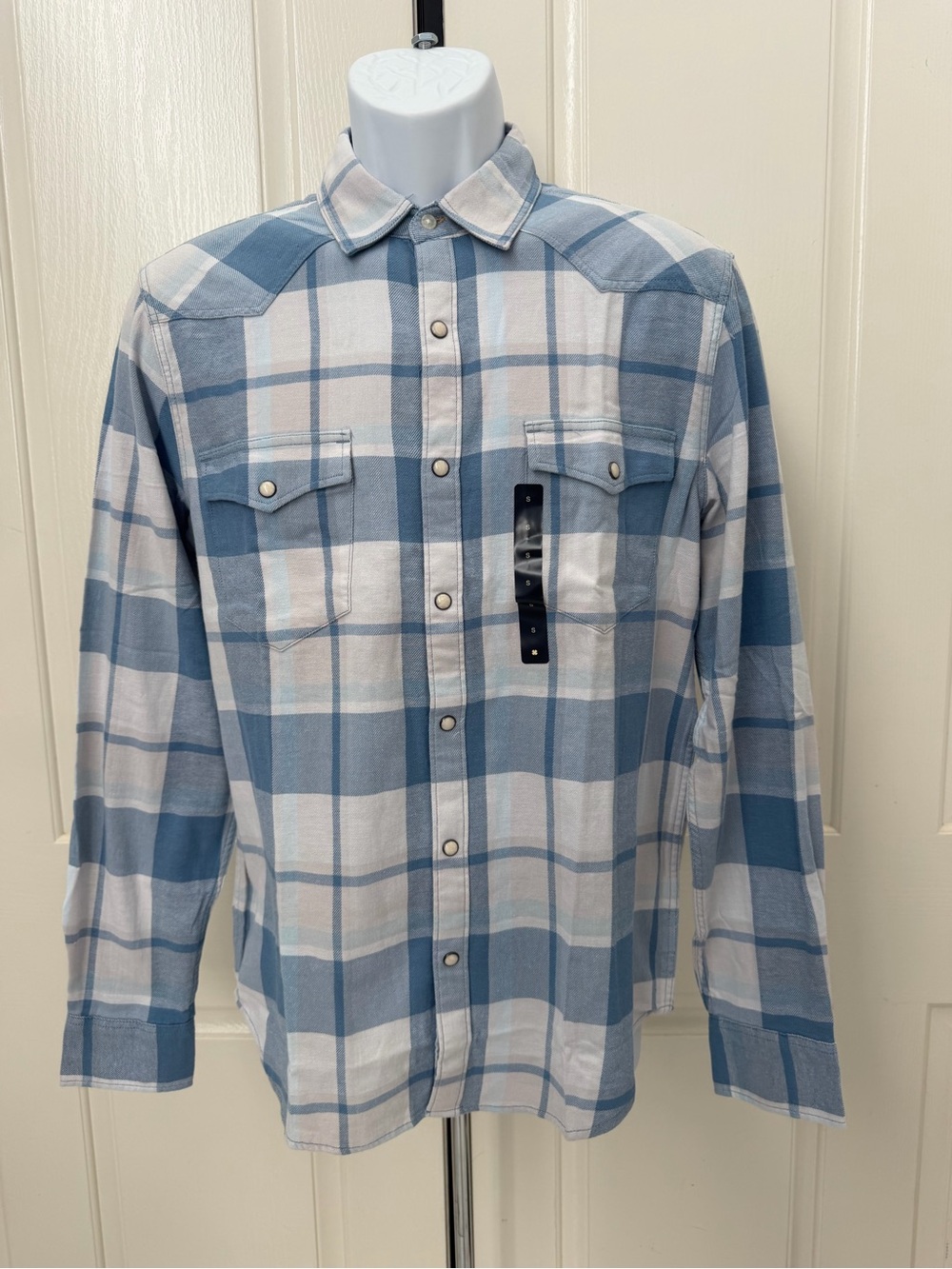 Lucky Brand Blue and White Plaid Snap Button-Up Shirt Sz S